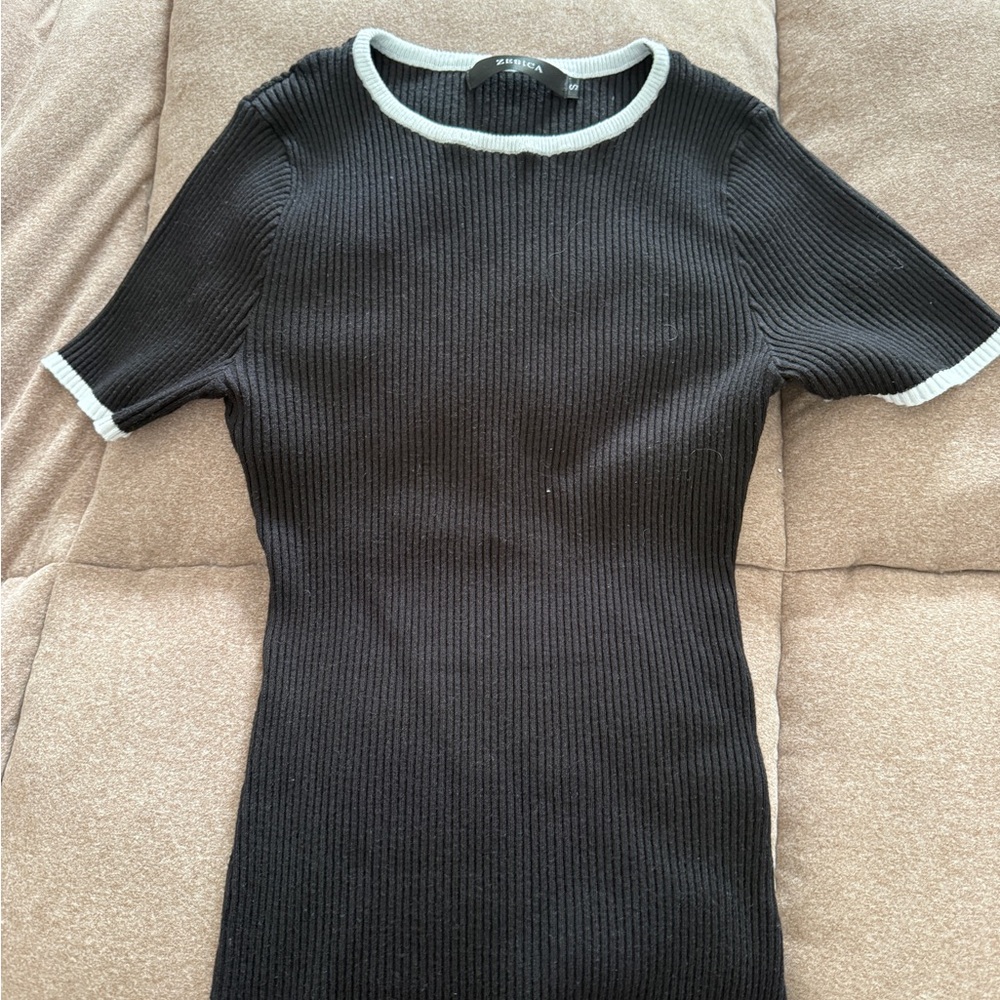 Black Ribbed Knit Dress with White Trim